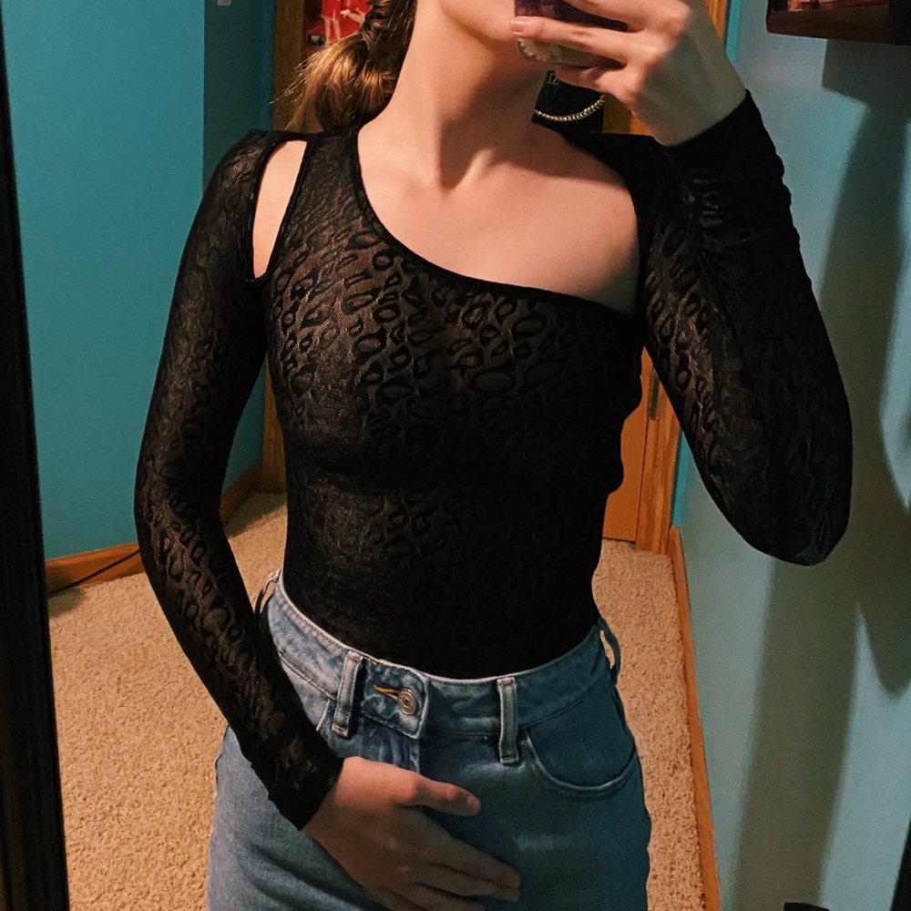 Black Cheetah Lace Cutout Bodysuit
